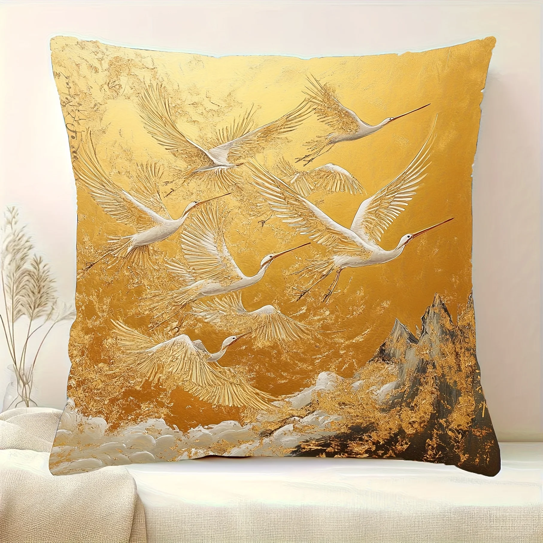White and gold crane and cherry blossom patterned throw pillowcase, machine washable, suitable for sofas and beds.