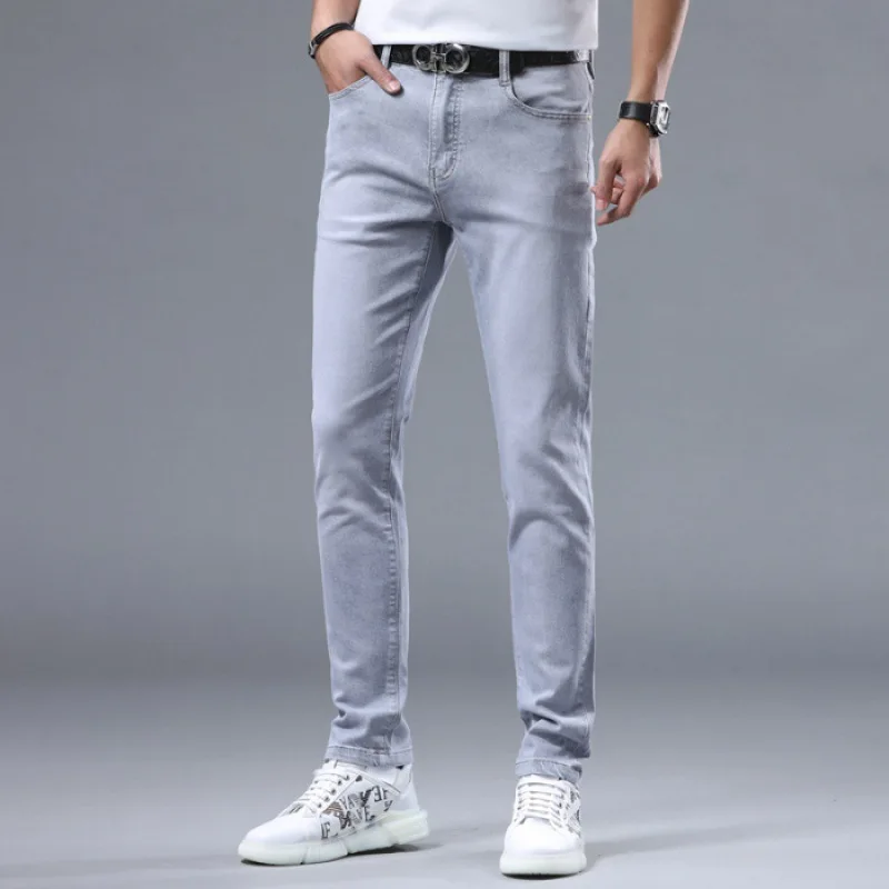 2024 Spring New Slim Light Gray Stretch Washed Casual Light Straight-Leg Versatile Affordable Luxury Fashion Jeans Men