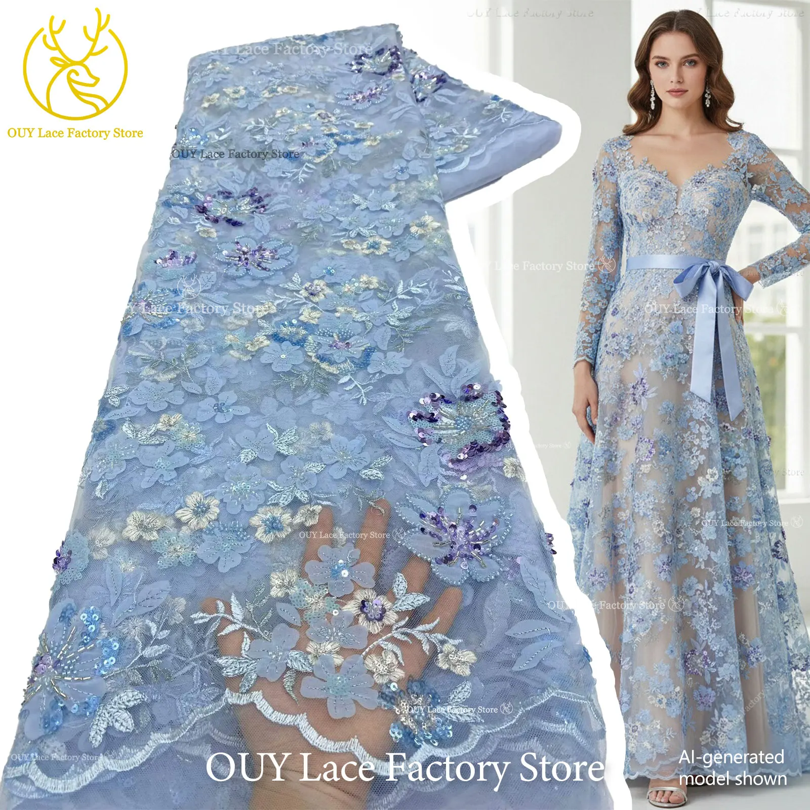 

Elegant Flower Embroidery Sequins Lace Fabric French Beaded Tulle Mesh Lace African Lace Fabric Nigerian Lace Party Prom Dress