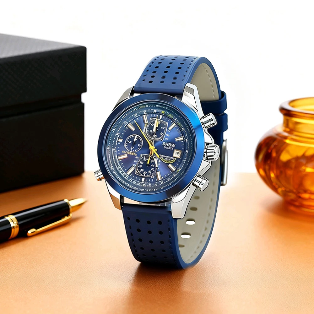 Jam Tangan Pria Quartz SHBW Populer, Mewah, Trendi, Bercahaya, Kalender, Tahan Air, Multifungsi, Kronograf, Kulit, Otomatis