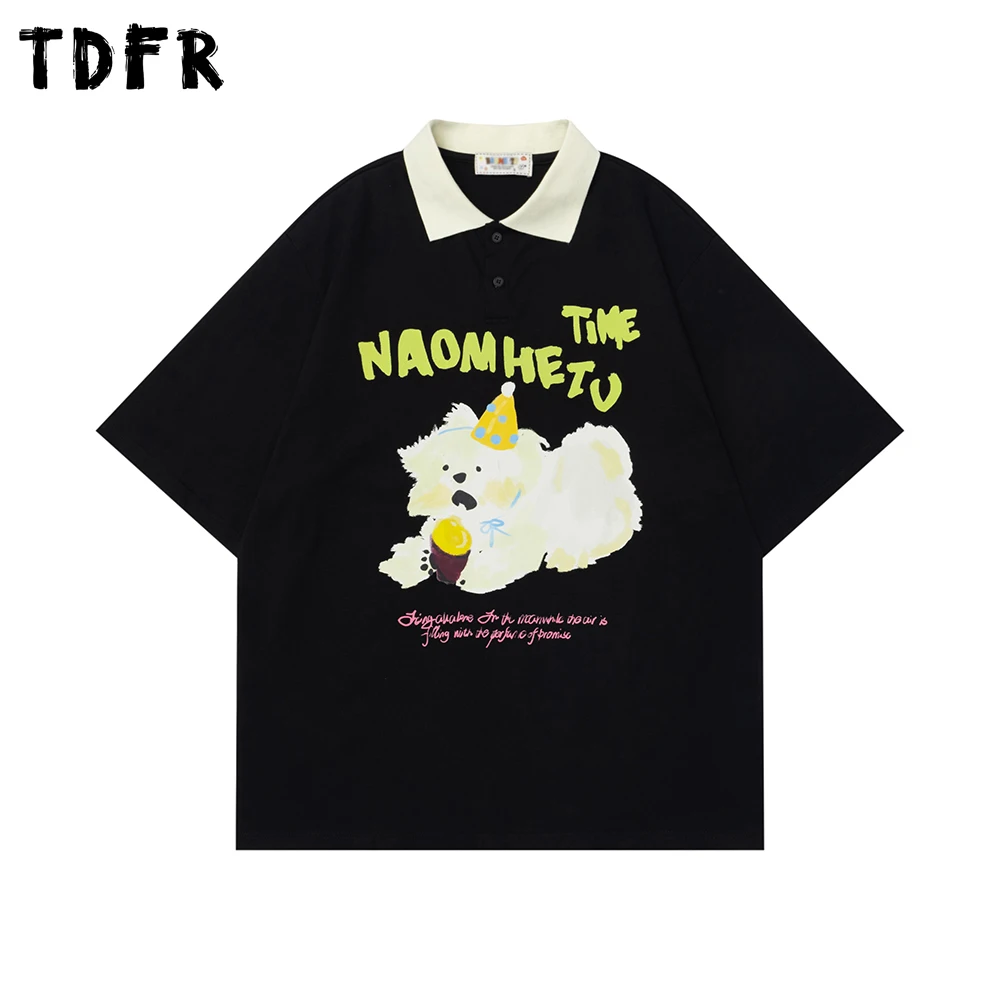 

Puppy Print Short Sleeve Polo Shirts Mens Retro Streetwear Summer Loose Half-Sleeve Cotton Tee Men
