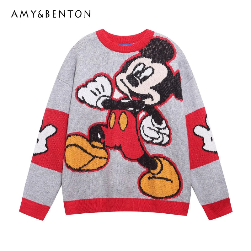 

Autumn Winter American Retro Color Block Fun Cartoon Jacquard Top Pullover Sweater Unisex Versatile Loose Casual Knitwear Jacket