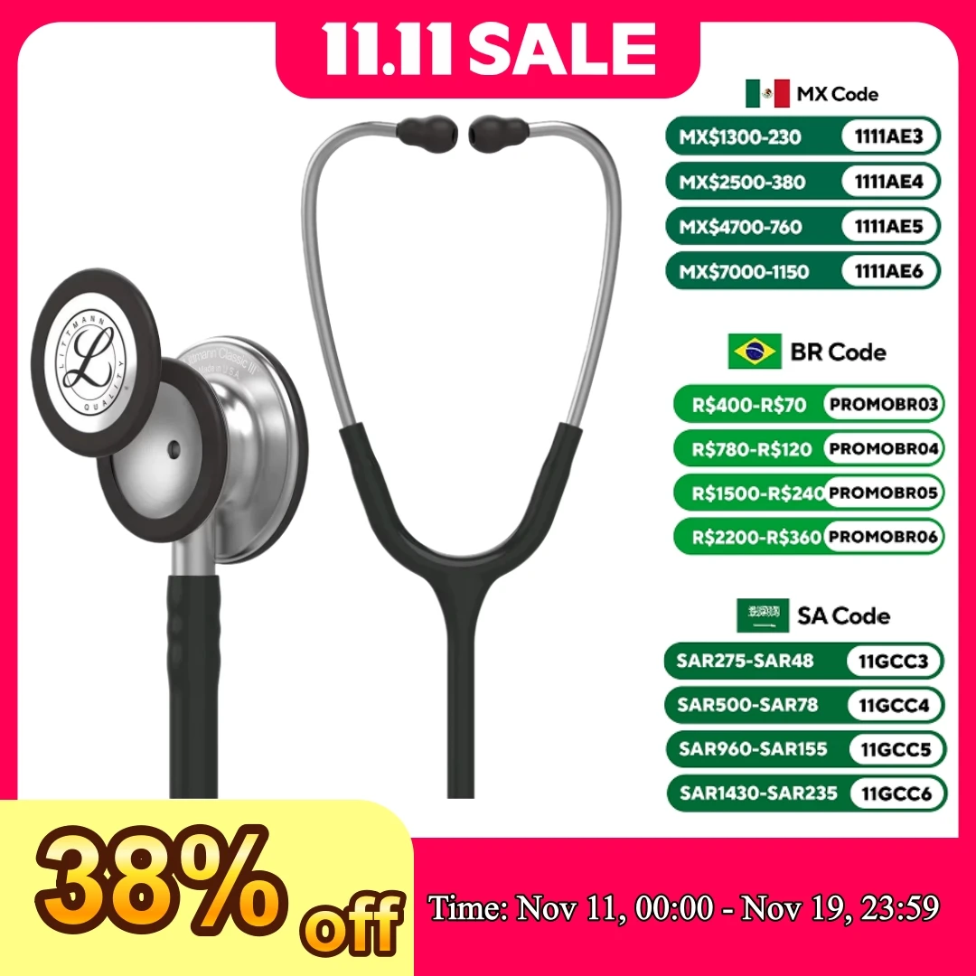 

Стетоскоп для мониторинга 3M Littmann Classic III 5620, черная трубка, нержавеющая сталь, стержень и гарнитура для врача, медсестры, здравоохранения