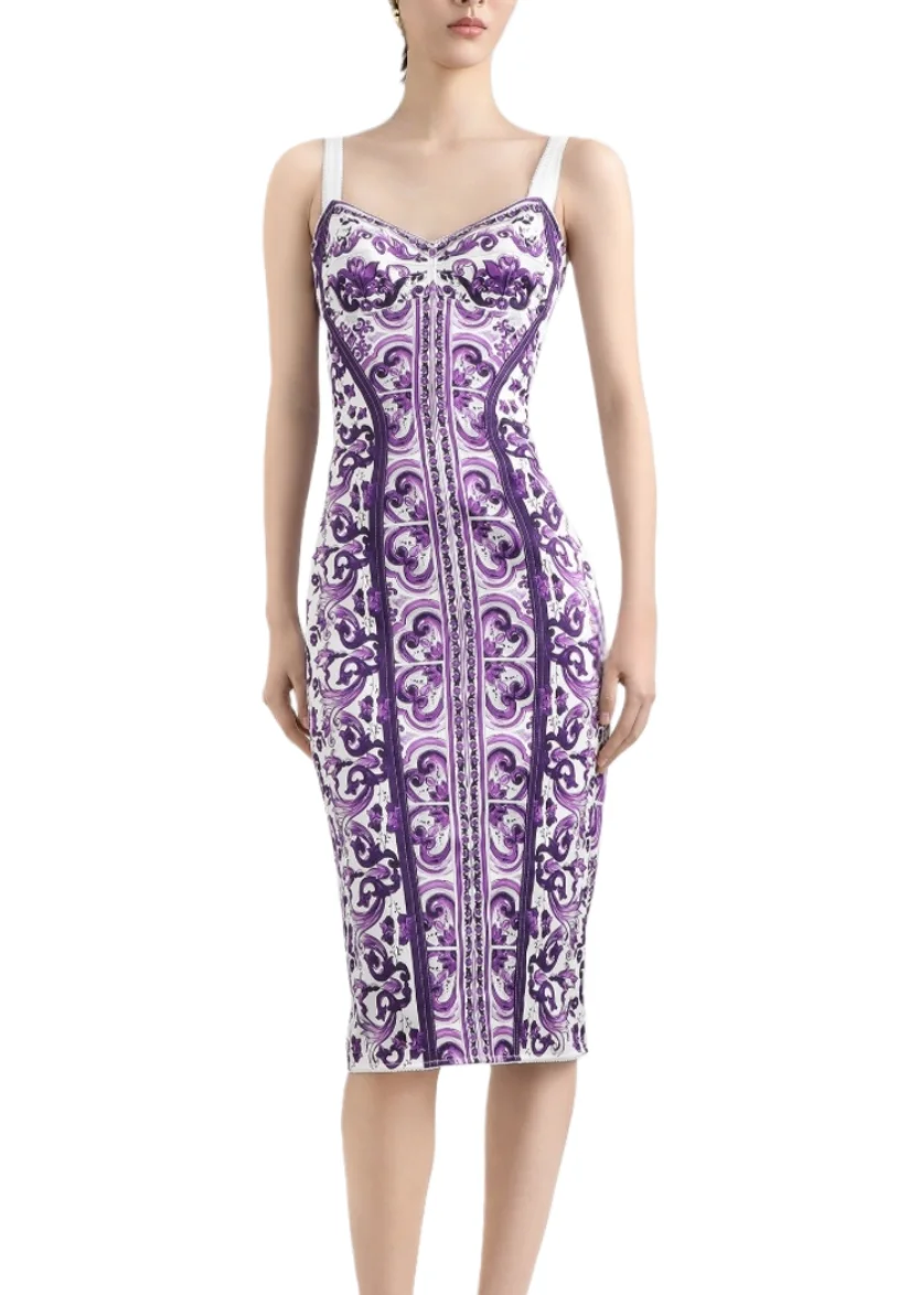 Summer Silk Bustier Midi Dress Women's Elegant Spaghetti Strap Porcelain Print Beach Party Sexy Bodycon Vacation Evening Dress