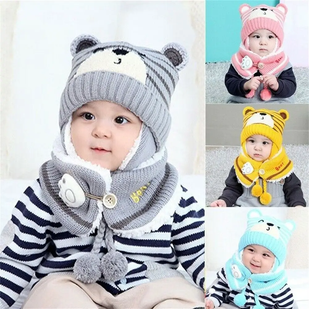 Warm Toddler Baby Winter Boys Girl Neck Scarf Baby Beanie Cap Kids Hat Scarf Set Bear Earmuff