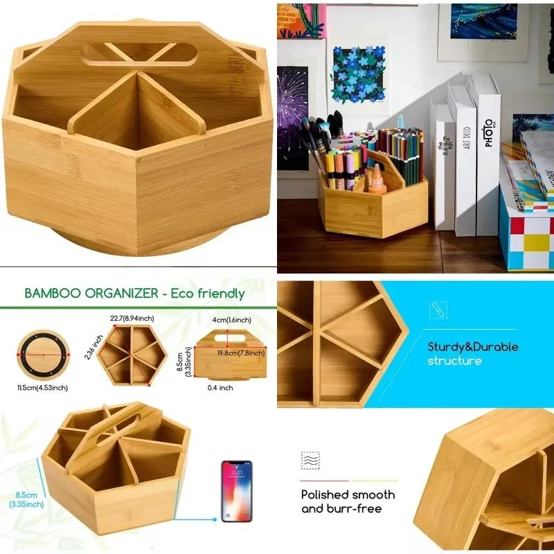 Space-saving hexagonal design Rotary art supplies storage box Bamboo pen and pencil holder Desktop art supplies storage box