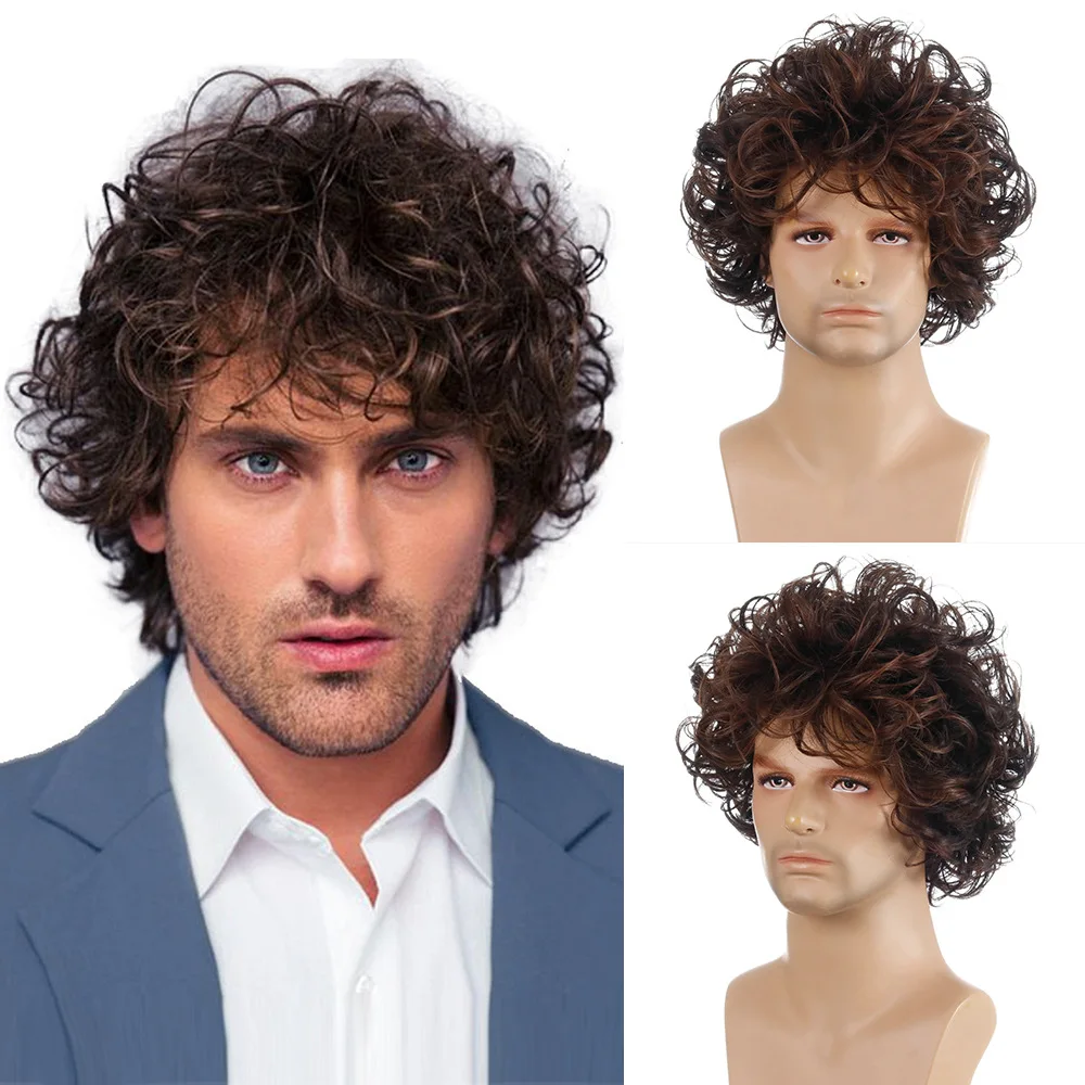 Synthetic Short Curly Wig for Men Fluffy Fashionable Cosplay Party Daily Wear Heat Resistant Hair System
