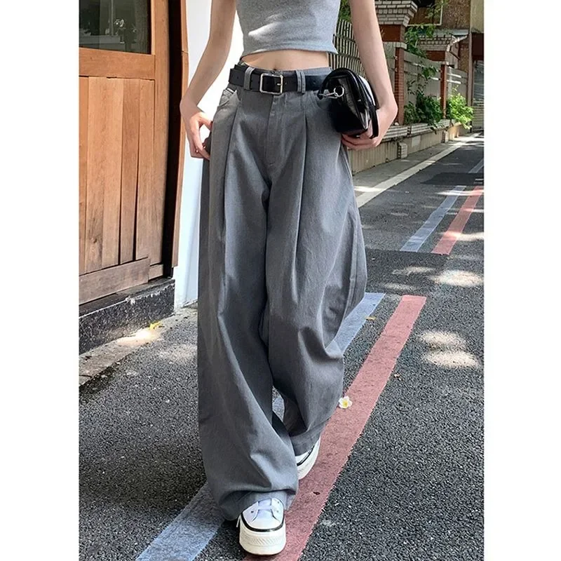 Deeptown Gray Vintage Suit Pants for Women Oversized Elegant Korean Fashion Slack Classic Trousers Office Ladies Palazzo Loose