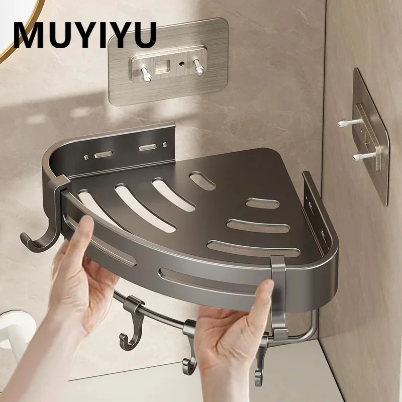 MUYIYU Bathroom Shelf Corner Rack Toilet Tripod Aluminum Organizer With Hook Punching-Free Wall Hanging Storage Accessory