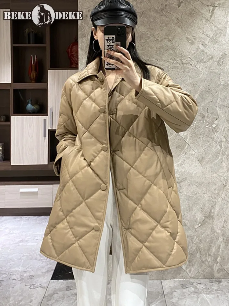 

Winter Women Warm Real Sheepskin White Goose Down Jacket Mid Long Loose Rhombus Genuine Leather Coat Single Breasted Overcoat