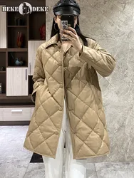 Winter Women Warm Real Sheepskin White Goose Down Jacket Mid Long Loose Rhombus Genuine Leather Coat Single Breasted Overcoat