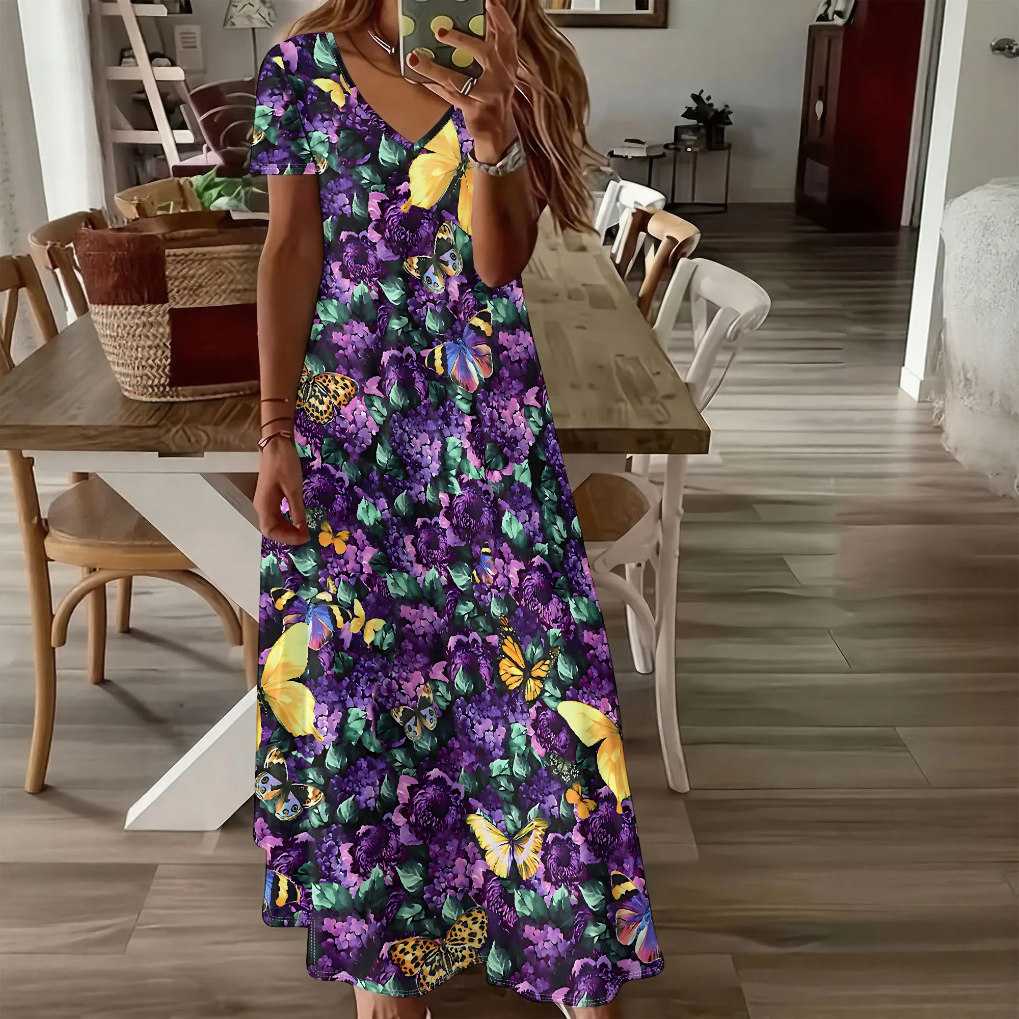 

Summer Women's Short Sleeved V-neck Long Dress, 3D Fashionable Printed Pattern Dress, Casual Vacation Style.