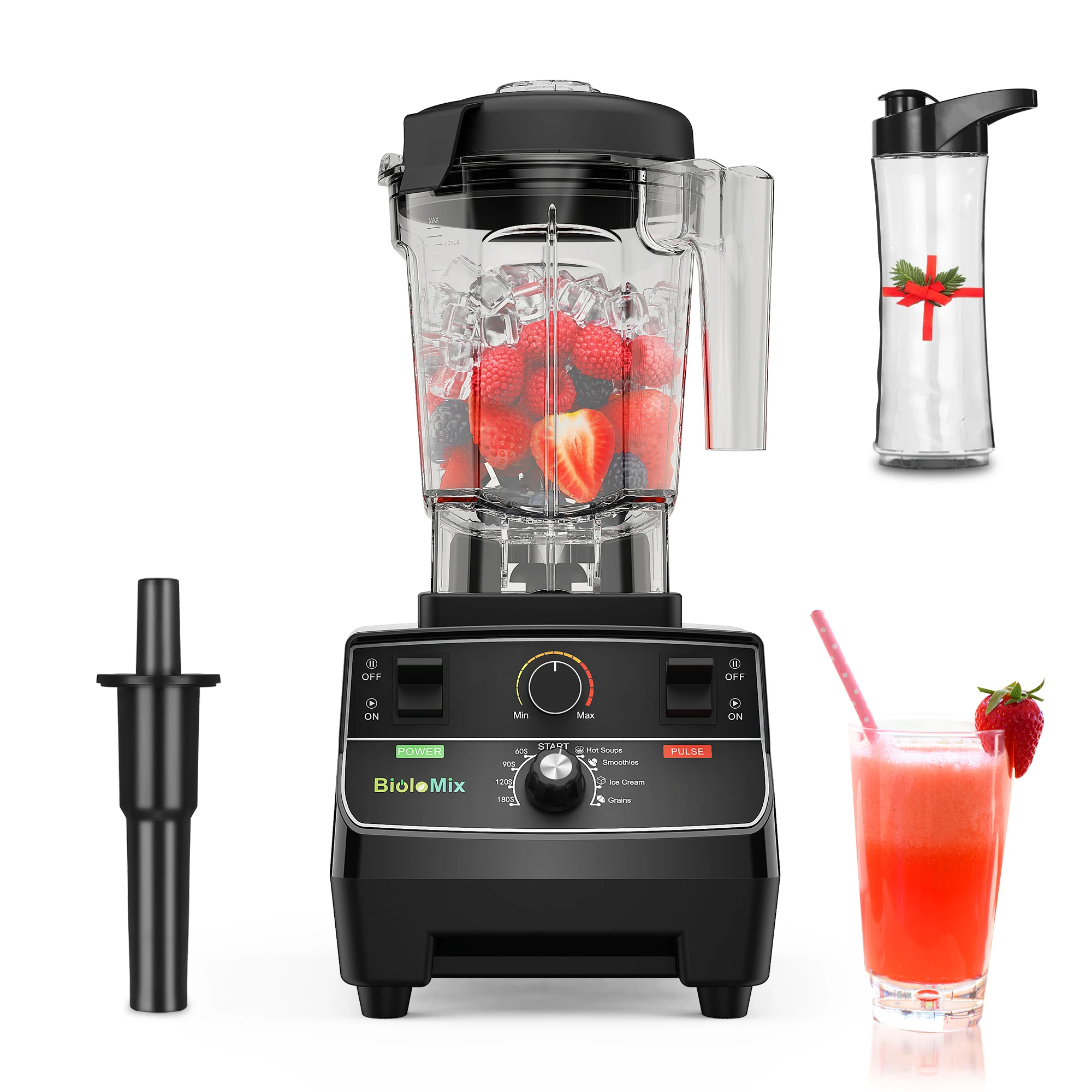 BioloMix 2200 W Hochleistungs-Smart-Mixer mit vorprogrammierten Modi, rundes 2-Liter-Glas, perfekt für Smoothies, Eisbrecher und Lebensmittelzubereitung
