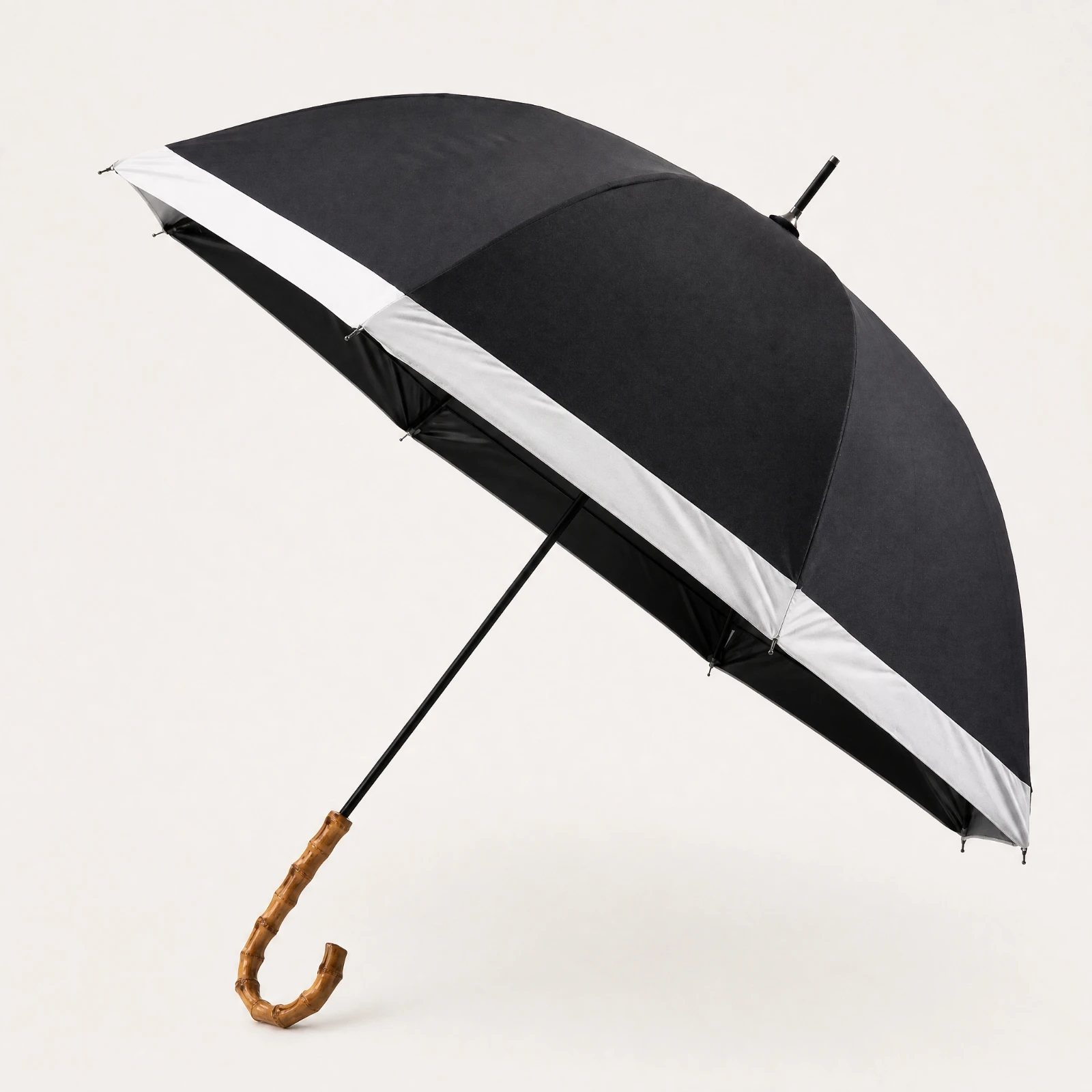 UPF 50+ Long-Handled Umbrella Sturdy Long-Handle Sun Rain Umbrella with Curved Bamboo-Style Handle Classic for Commuting
