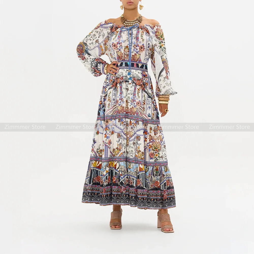 Australian niche noblewoman vacation style one-shoulder printed top + high-waisted half skirt set