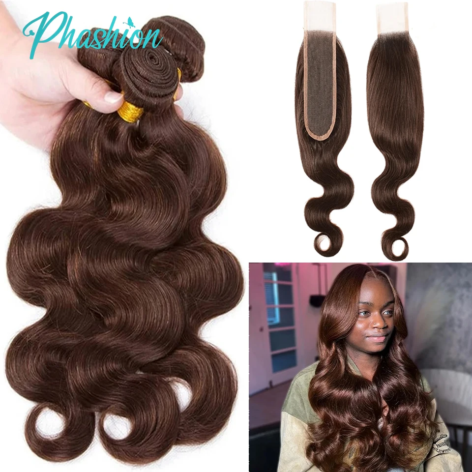 Phashion #4 Chocolate Brown Body Bundles Weave With 2x6 Lace Closure Human Hair Colored Wave 100% Remy Brazilian Hair Extensions