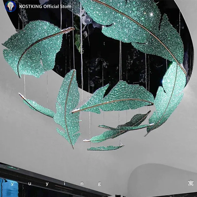 Customized natural style restaurant and hotel living room green leaf crystal glass creative LED light fixtures