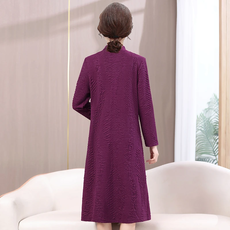 Women Autumn Winter Long Dresses Middle-aged And Elderly Half High Collar Loose Oversize Mother Wear 40-50-Year-Old Dresses