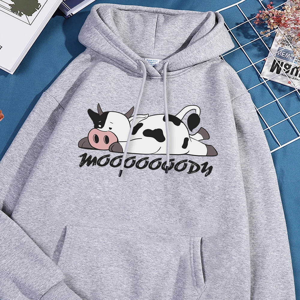 Kawaii Spotted Cow Printing Hoodie Women\'s Autumn Loose Hoody Casual Fleece Sweatshirt Crewneck Pullover Clothing