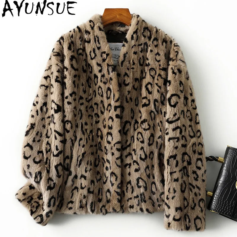 AYUNSUE Mink Real Fur Coat Women Clothing Winter Jacket Short Fashion Womens Coats Patchwork Mink Leopard Print Пальто Женское