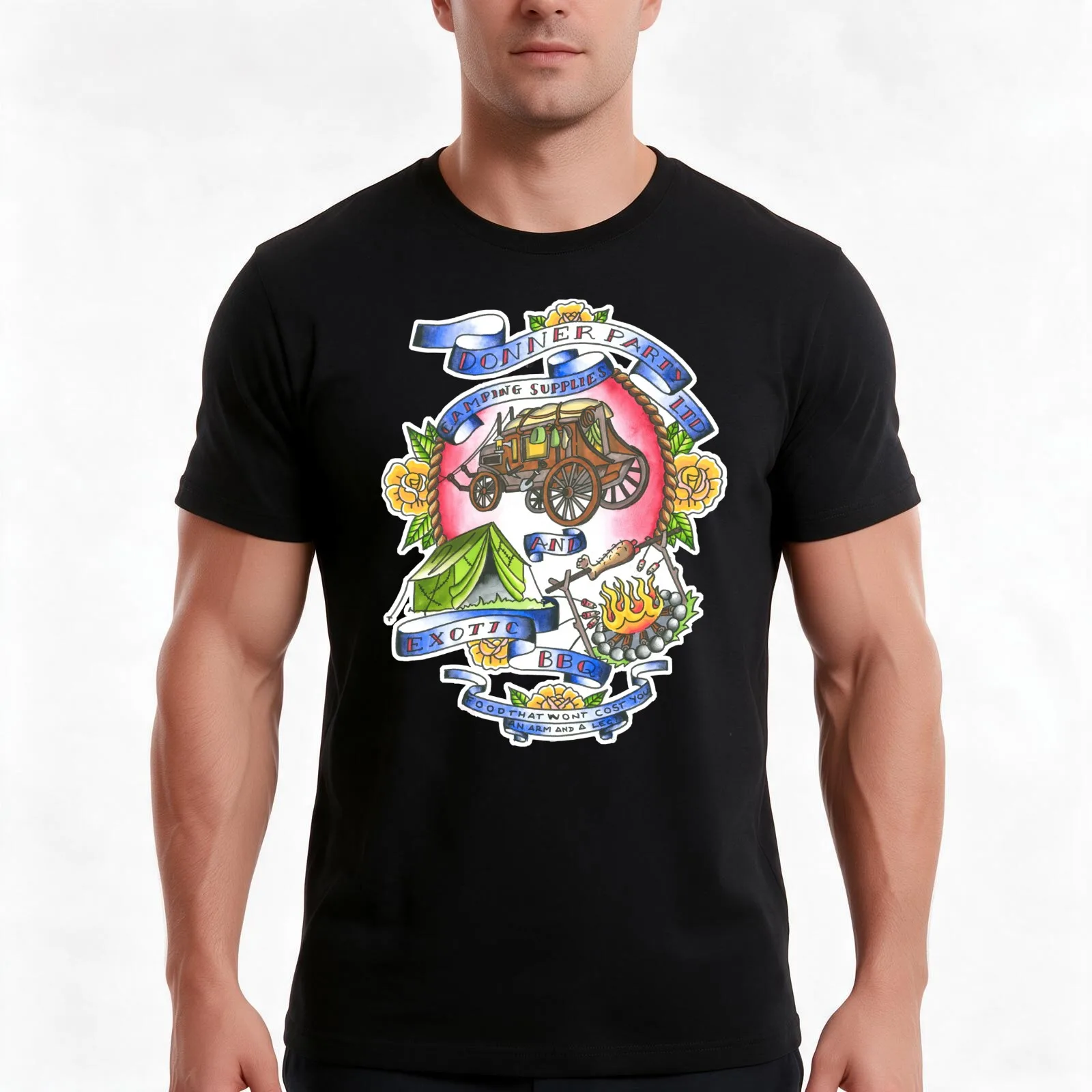 donner party last podcast tattoo art T-Shirt, Summer Casual Cotton Tee, Oversized Streetwear Tops, Vintage Graphic Print
