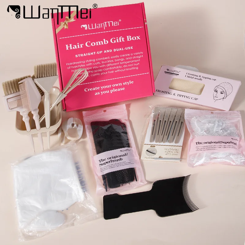 

WANMEI Набор для укладки волос Подарочная коробка включает расчески, зажимы, кисть для окрашивания со миксером, чаша для мешалки, доска для окрашивания, салонные инструменты для красоты волос