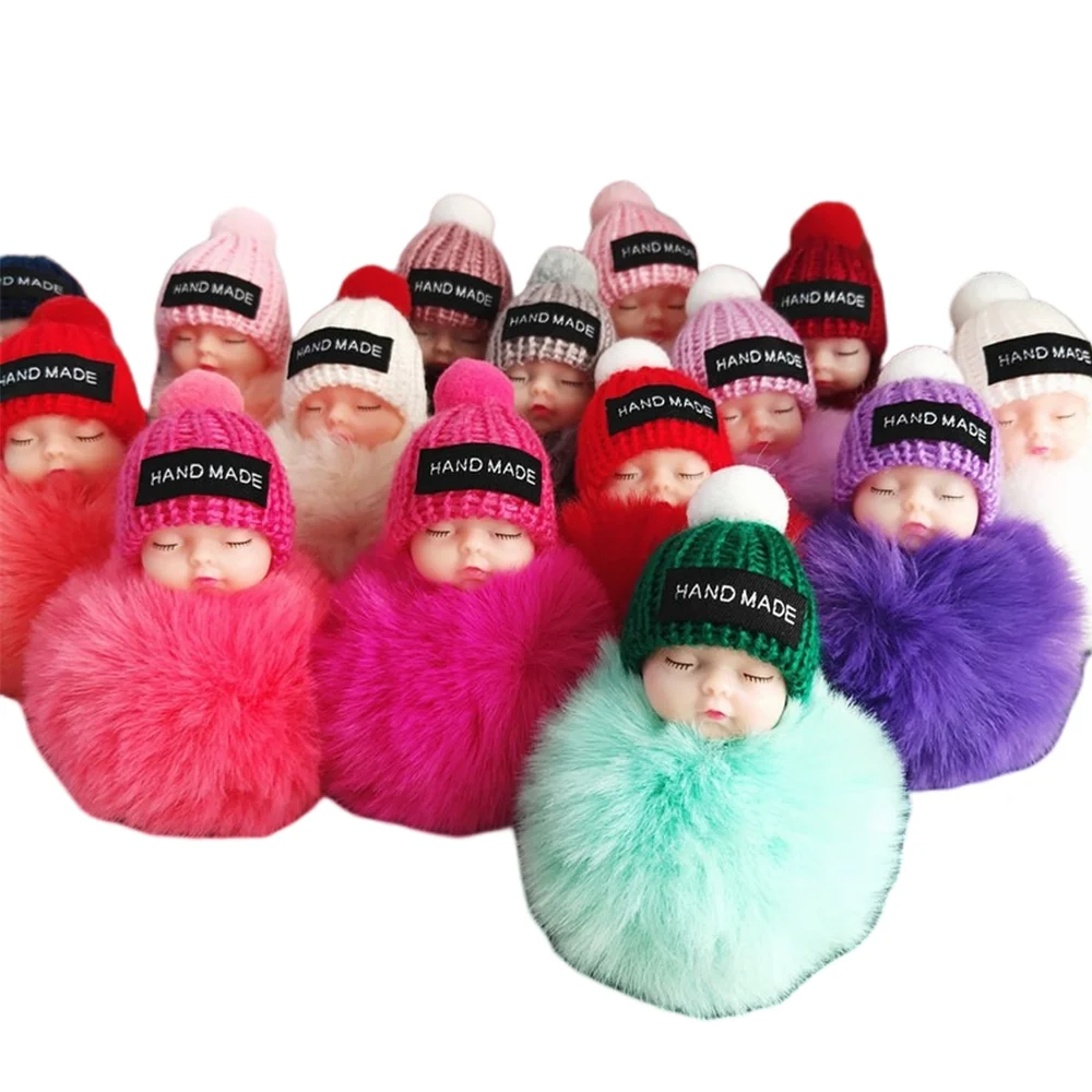 Fashion Colorful Sleeping Baby Doll Hanging Piece Hair Ball Pendant Cute Fluffy Pompom Chain Cotton Wool Holder Bag Ball Toy