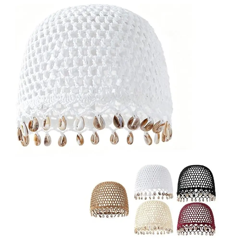 Cotton Crochet Shell Beanie Hat Shell Fringe Breathable Bohemian Beanie Hat Crochet Knit Hollow Out Beach Skull Cap Daily Wear