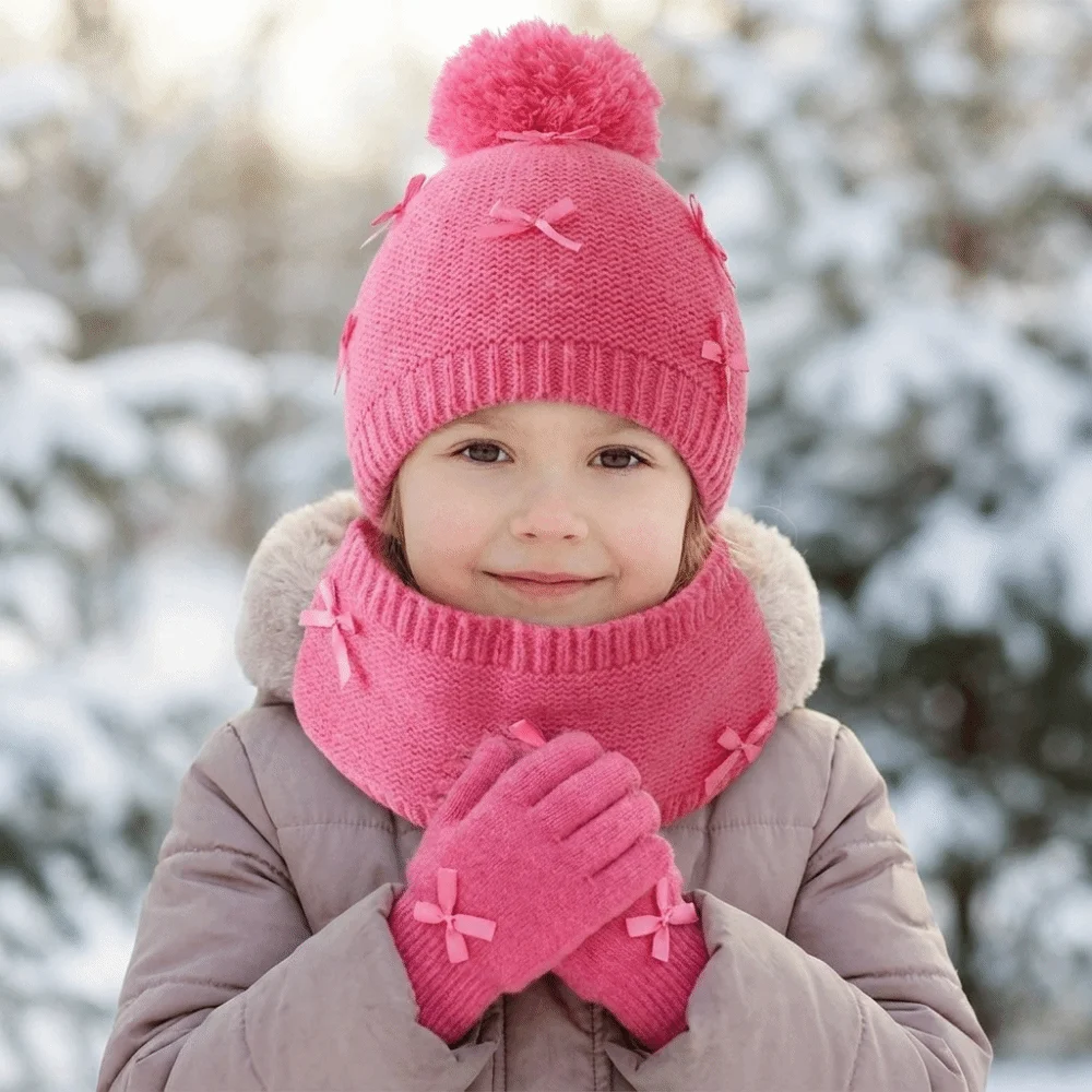 Cozy Bowknot Hat Neck Warmer Gloves Set Soft Solid Color Hat Scarf Gloves Kit Polyester Pink Kids Knitted Beanie Outdoor