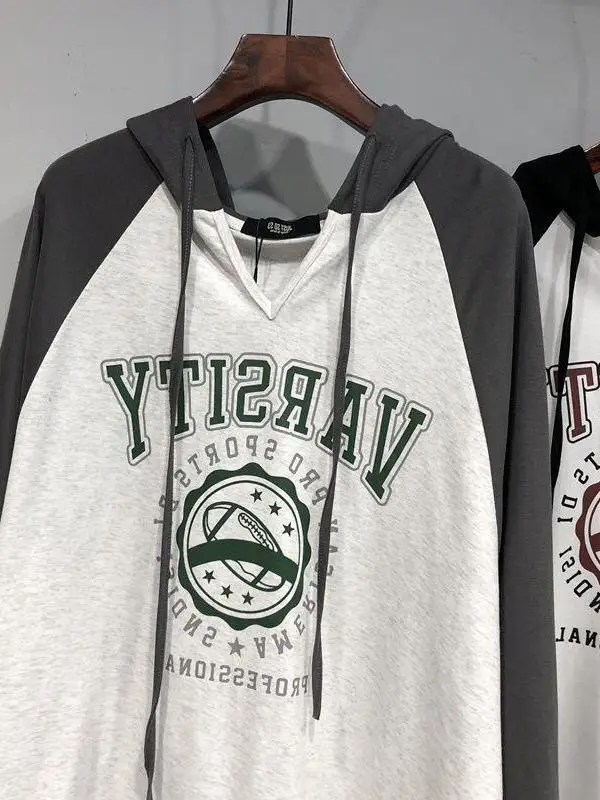 플러스 사이즈 여성용 브이넥 루즈핏 티셔츠 캐주얼 슬리브 롱 슬리브 프린트 캐주얼웨어 배 커버 후드 미드 길이 티셔츠