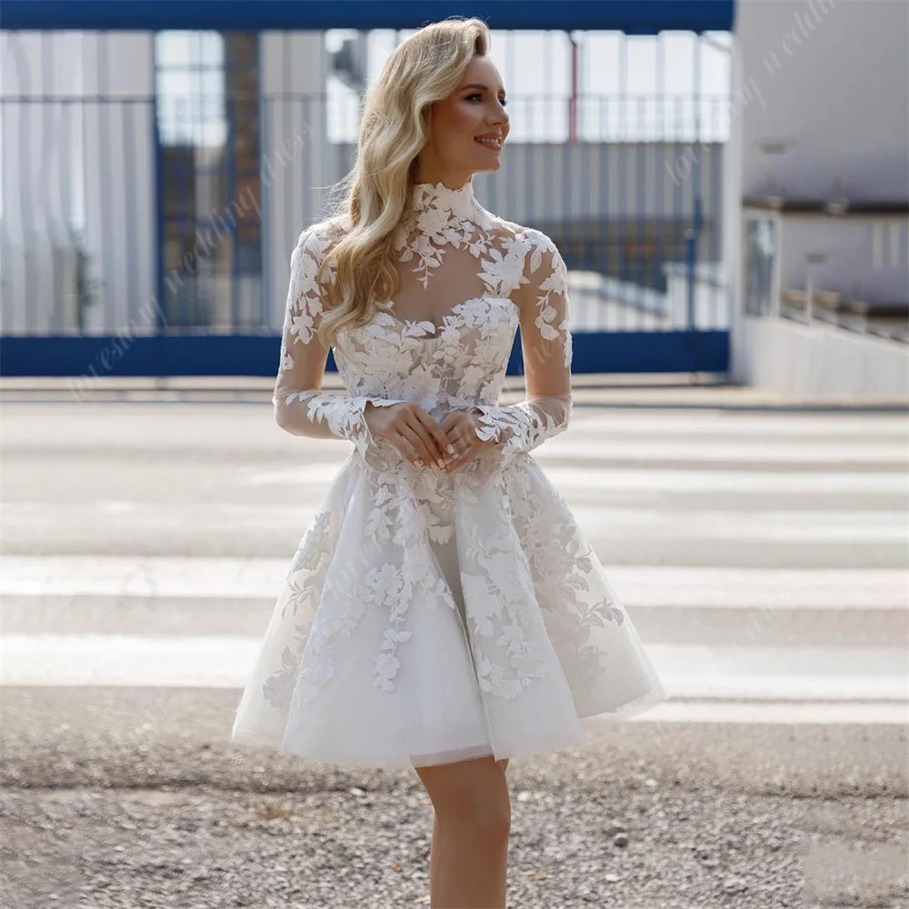 Mini vestidos de novia cortos de cuello alto para mujer, Apliques de encaje por encima de la rodilla, vestido de fiesta de boda, mangas largas