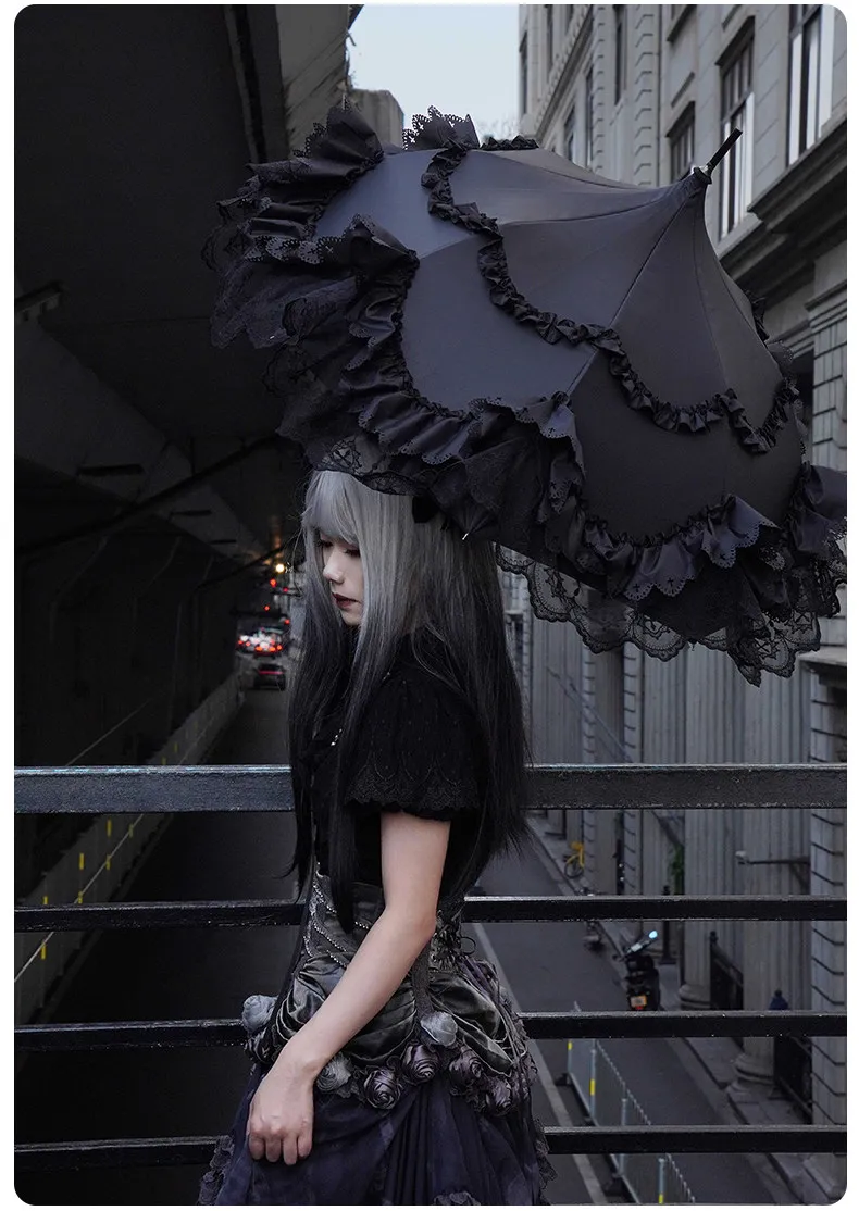21 Inch 8 Rib Black Black Coating Lolita Straight Umbrella, Lace Fringe UV Protection Rain Sun Parasol