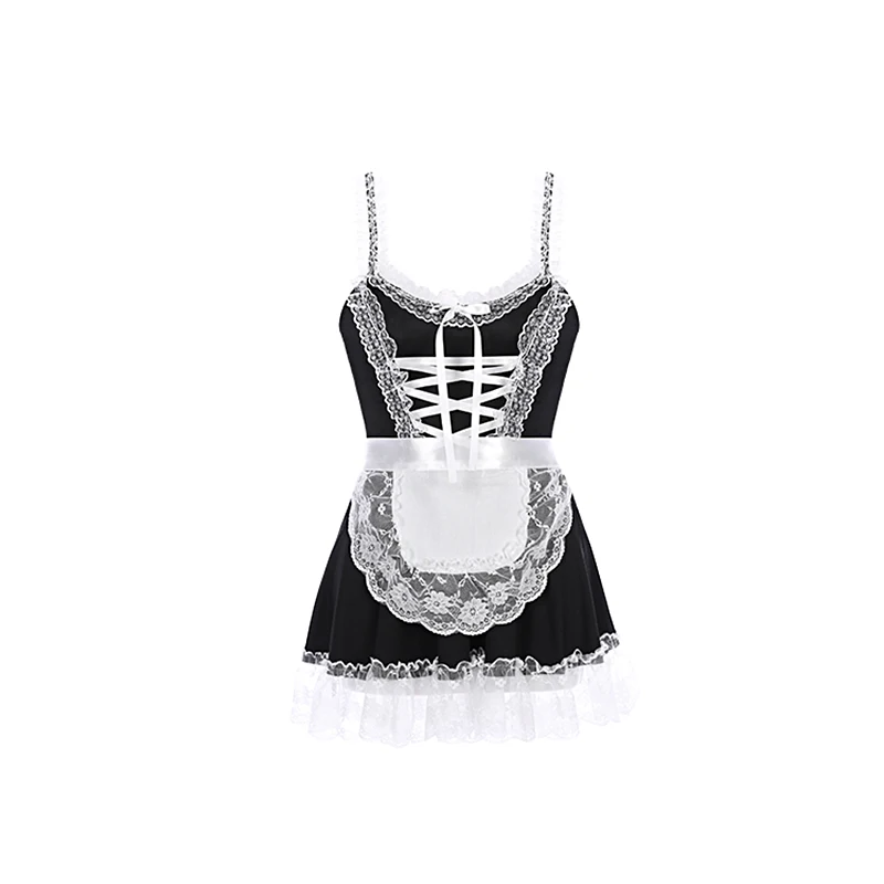 Elasticity Lace Sexy Maid Apron Dress Black Uniform Cute Lolita Cosplay Game Bib Home Bar Kitchen Couple Party Work Pinafore