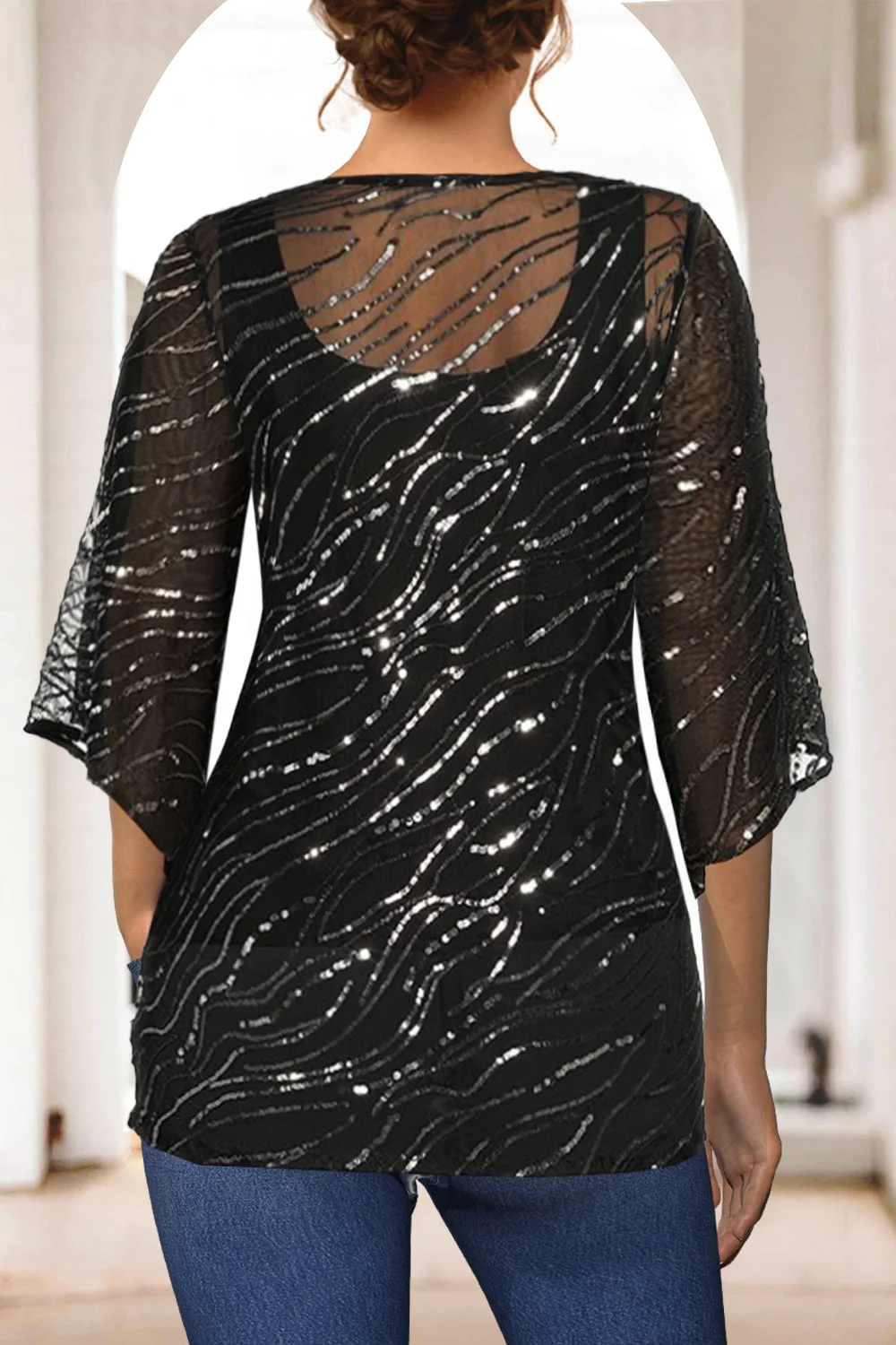 Plus Size Women Fashion Casual Shirts Black Shiny Sequins 3/4 Sleeves Two Piece Shirts  Cover Up Tops with Vest