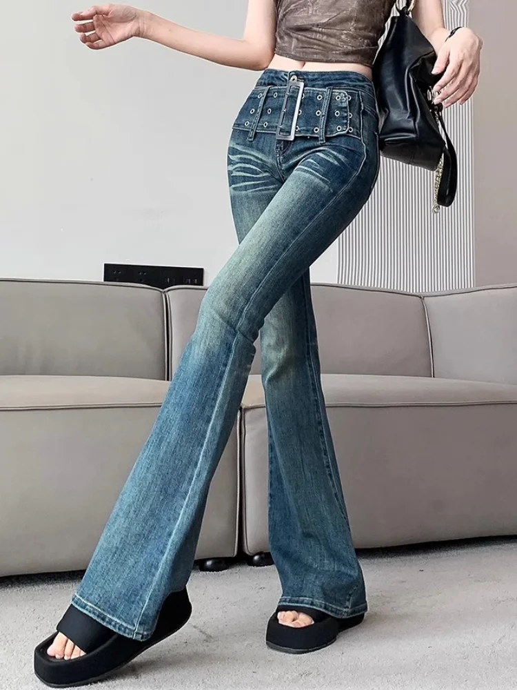 Vintage Y2k Jeans American Spice Girls Ins Style Stretch Horseshoe Trousers Autumn New Wide Belt Slim Elegant Flared Pants Women