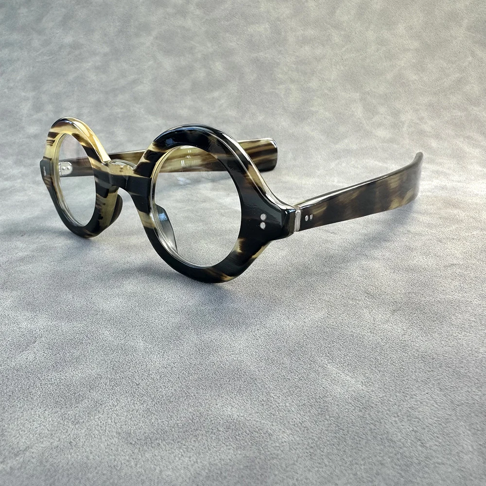 Man Glasses Frames Thick Optical Lenses Eyeglasses Handmade Natural Horn Retro Vintage Small Round  Eyeglass FramesWide Temple