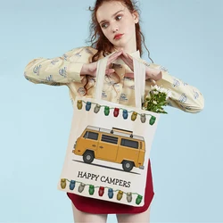 Both Sided Happy Camper Van Life Tote Handbag for Women Casual Cartoon House Travel Car Print Fashion Lady Canvas Shopping Bag