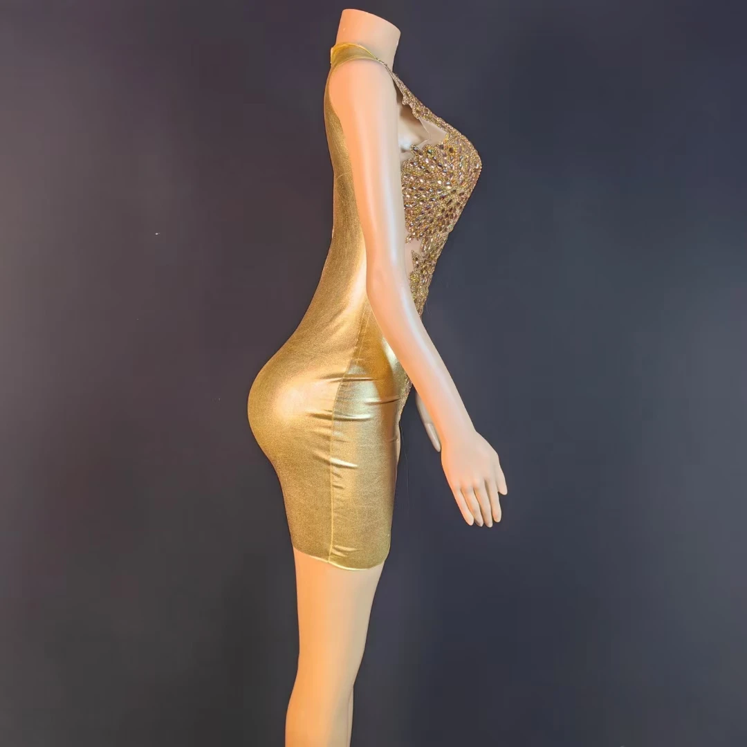 

Sparkly Gold Sequins Rhinestones Short Dress Women's Sexy Mesh See Through Party Celebrate Birthday Dress Photography Stage Wear