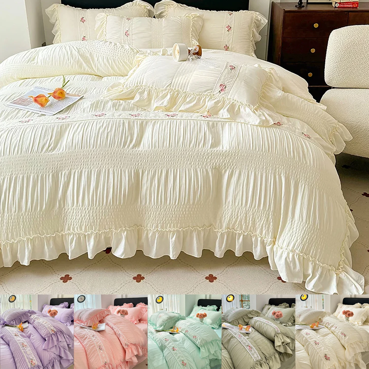

Korean Princess Style Bedding Set Lace Ruffles Seersucker Washed Cotton Soft Duvet Cover Set Bed Sheet Pillowcase Comforter Sets