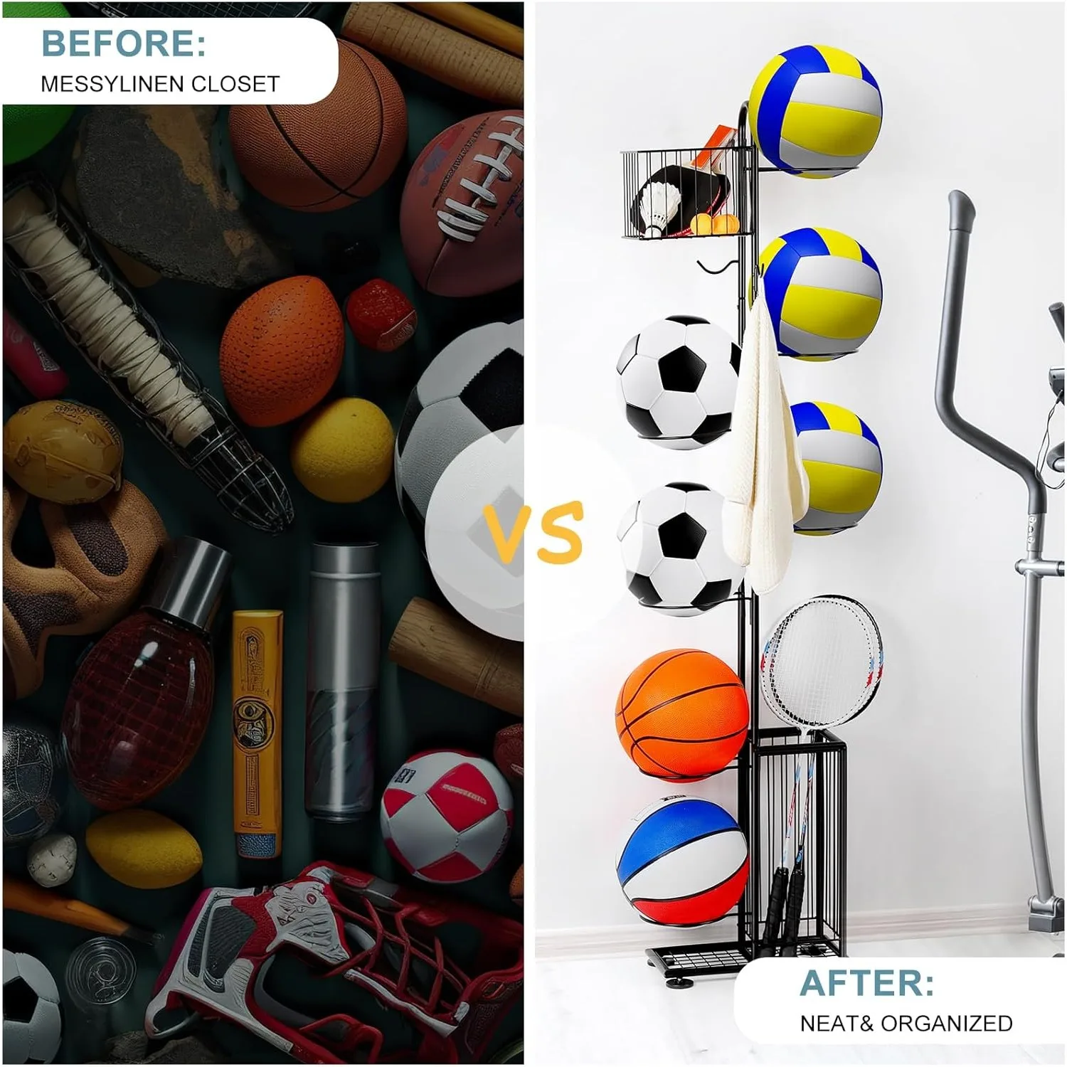 رف تخزين كرة السلة مكون من 7 طبقات |   حامل كرة قائم بذاته للكرة الطائرة/كرة القدم/كرة السلة في الأماكن المغلقة/الخارجية مع سلة