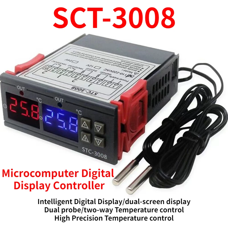 

STC-3008 AC110-220V двойной цифровой регулятор температуры регулятор температуры с нагревателем и охладителем термостат два релейных выхода