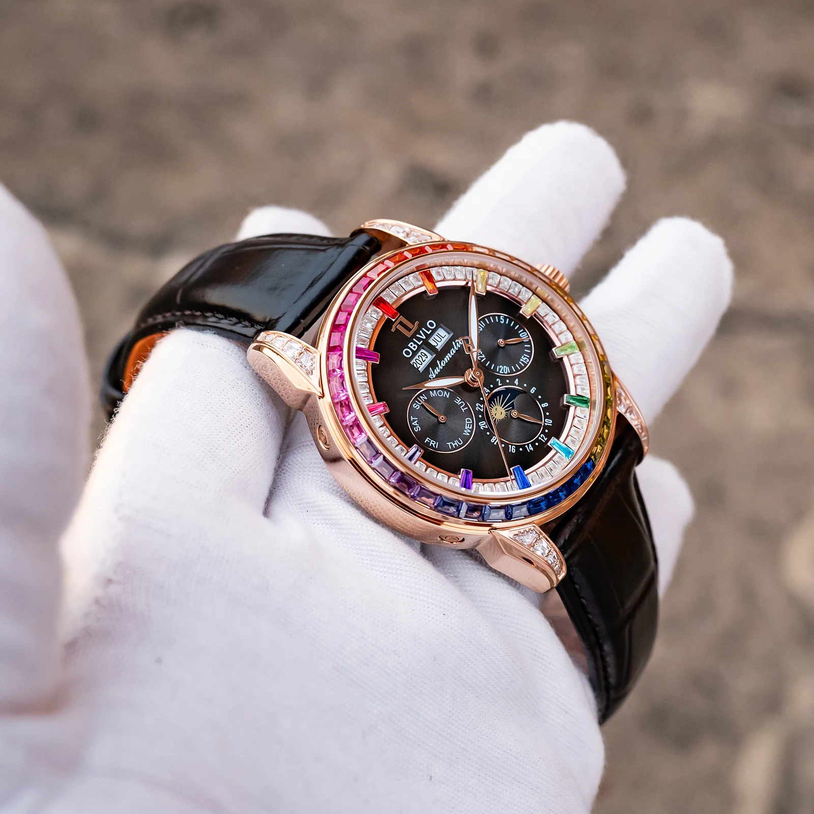 OBLVLO Men's Classic Watch Colorful Diamonds Bezel Multifunction Black Dial Mechanical Automatic Moonphase Leather Strap
