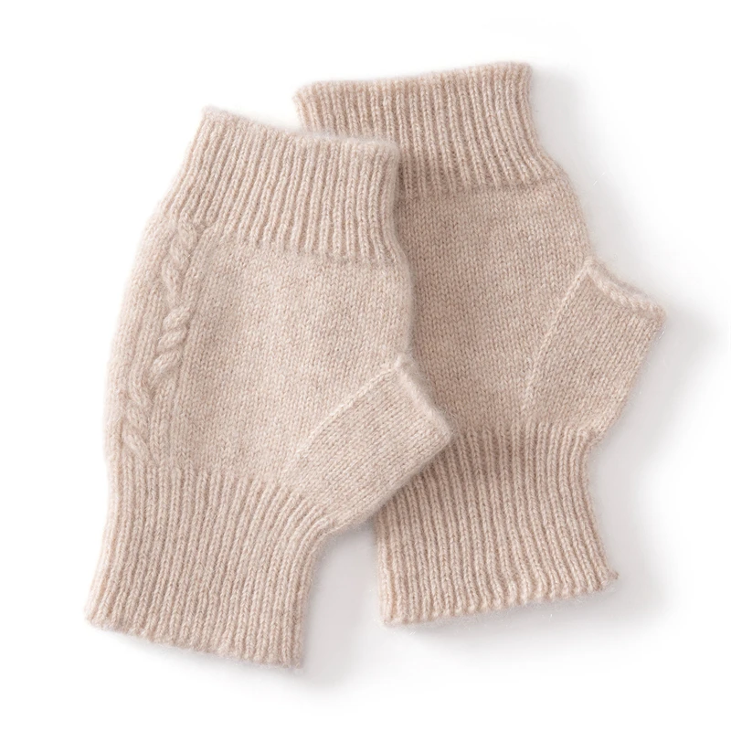 KOIJINSKY Pure Cashmere Half Finger Gloves Ribbed Cable Knit Warm Fingerless Mittens for Women Winter Office Driving Typing