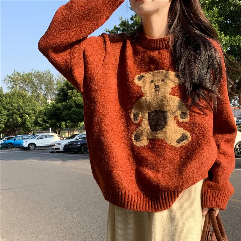 OCEANLOVE Cartoon Bear Women Sweaters Autumn Winter Korean Fashion Sweet Pullovers Cute Loose Vintage Sueters De Mujer