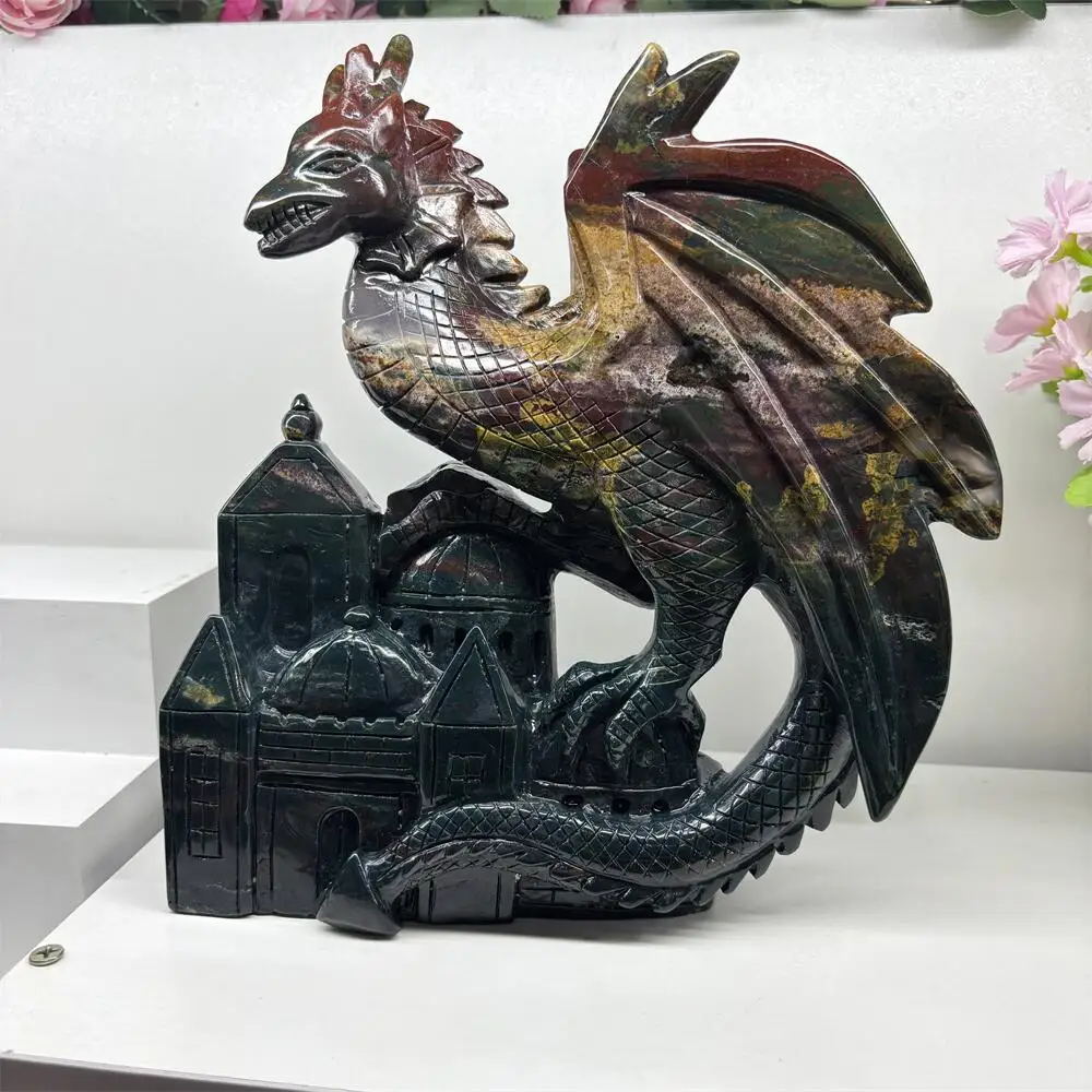 Ocean Jasper Flying Dragon Carving Animal Quartz Polished Natural Healing Figurine Home Decor Craft Gift for Stress Relief