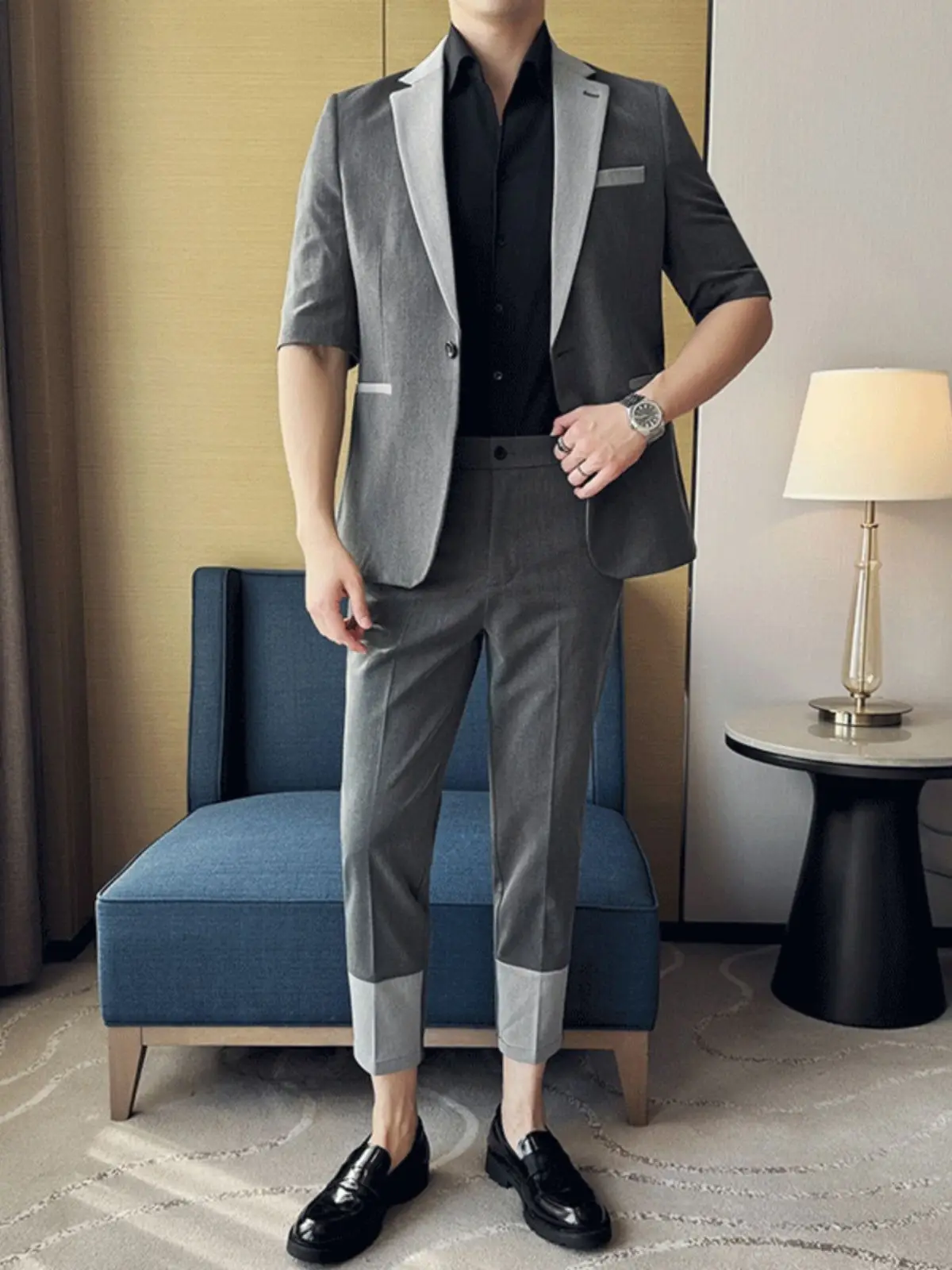 

3-A38 Commuting simple thin casual three-quarter sleeve suit men's high-end handsmall suit street-blasting nine-point pants suit