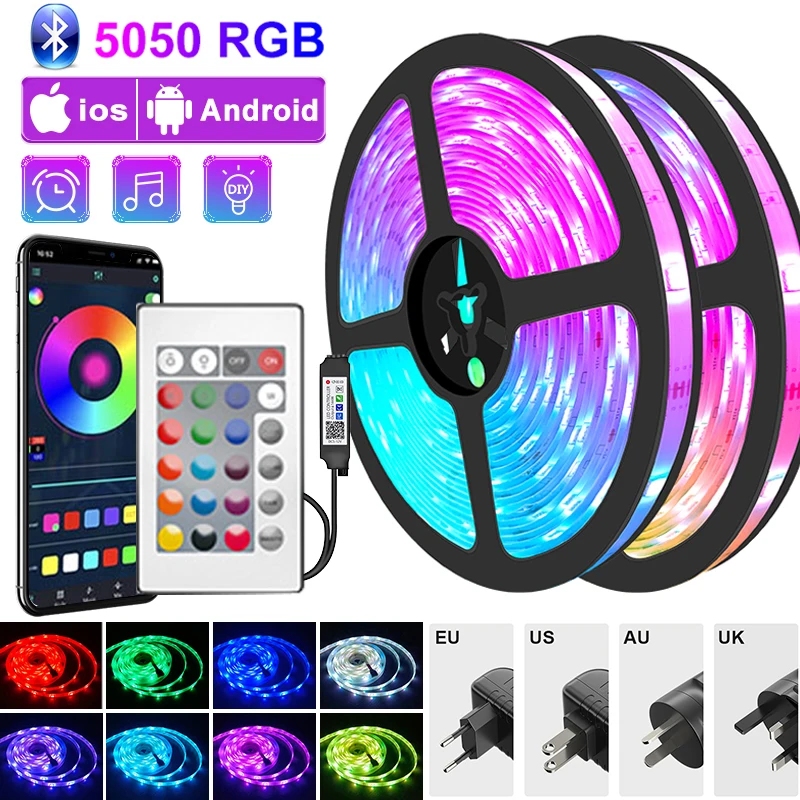 WS2812 lampu setrip LED 5050 Bluetooth RGB, lampu dekorasi fleksibel RGBW pita LED set penuh catu daya + kendali jarak jauh