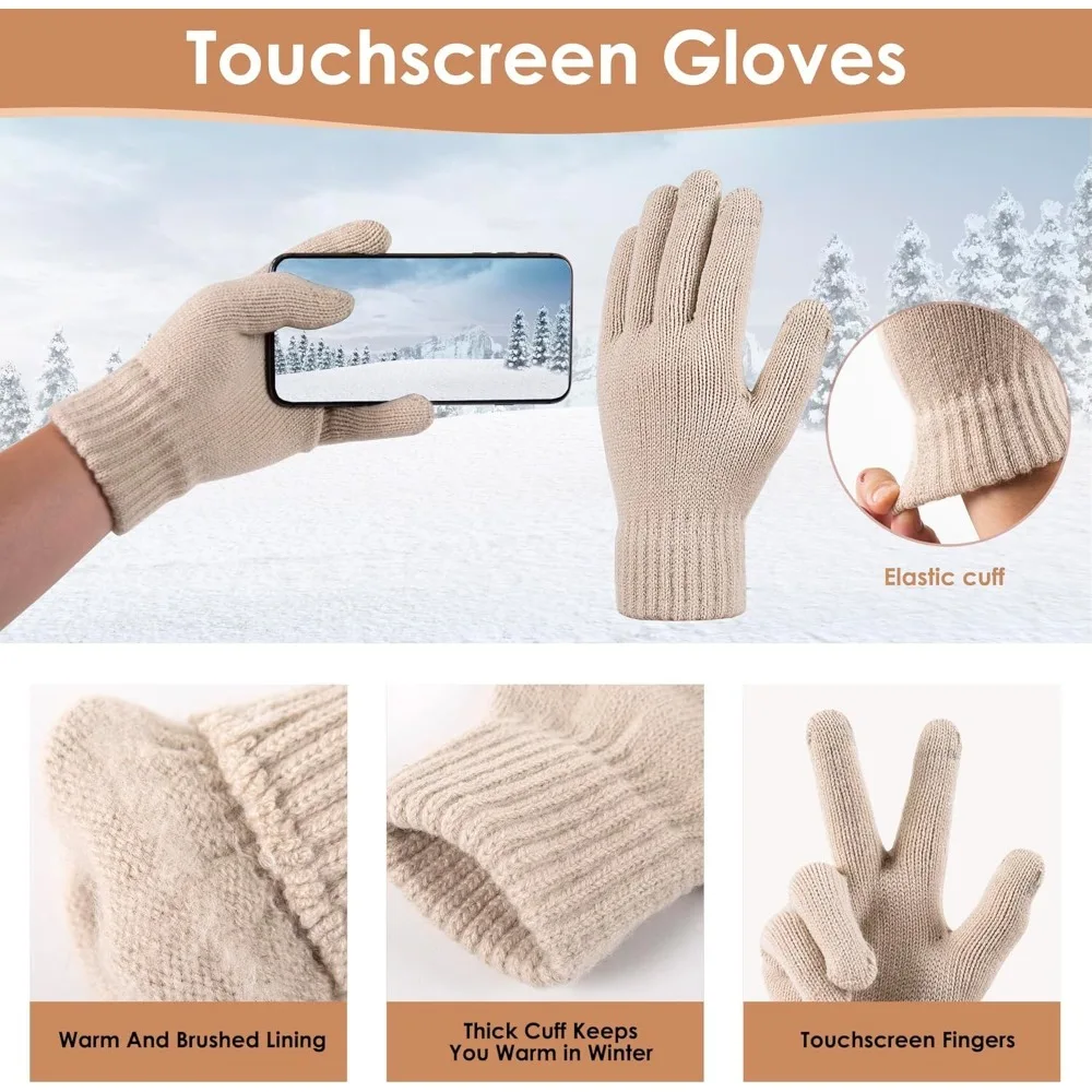 مجموعة قفازات نسائية شتوية دافئة متماسكة قبعة صغيرة مبطنة بالصوف مع قفازات تعمل باللمس