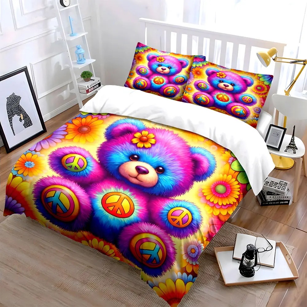 Colorful Teddy Bear with Peace Symbols Print Bedding Set 1 Duvet Cover 2 Pillowcases for Adult and Children Luxury Gift
