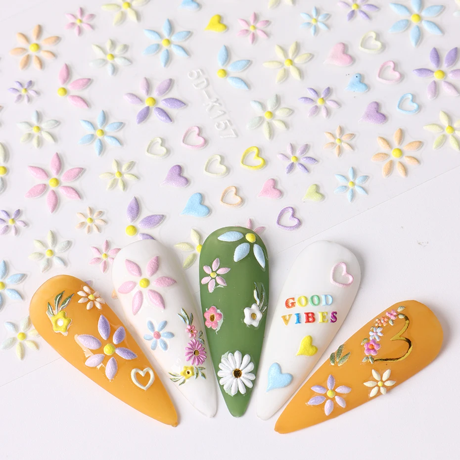Adesivi per unghie 5D fiori cuore 3D decalcomanie per Nail Art in rilievo primavera Cute Bear Rabbit Sliders decorazioni accessori per Manicure
